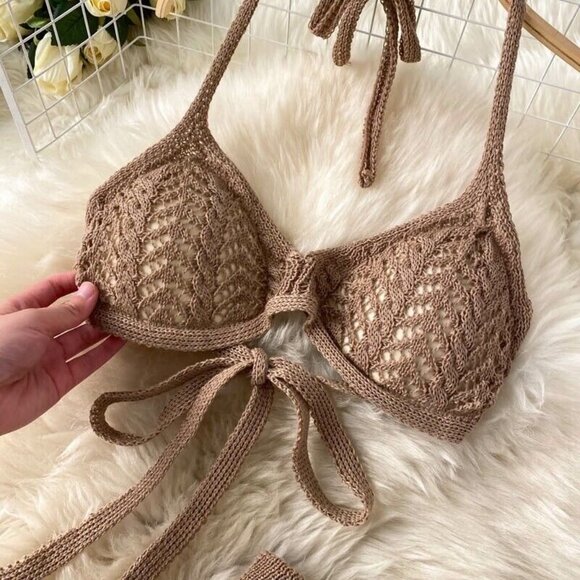 Crochet Outfit Set Two Piece Crop Top/Pants Brown Medium Halter Hollow Beach - Picture 5 of 10